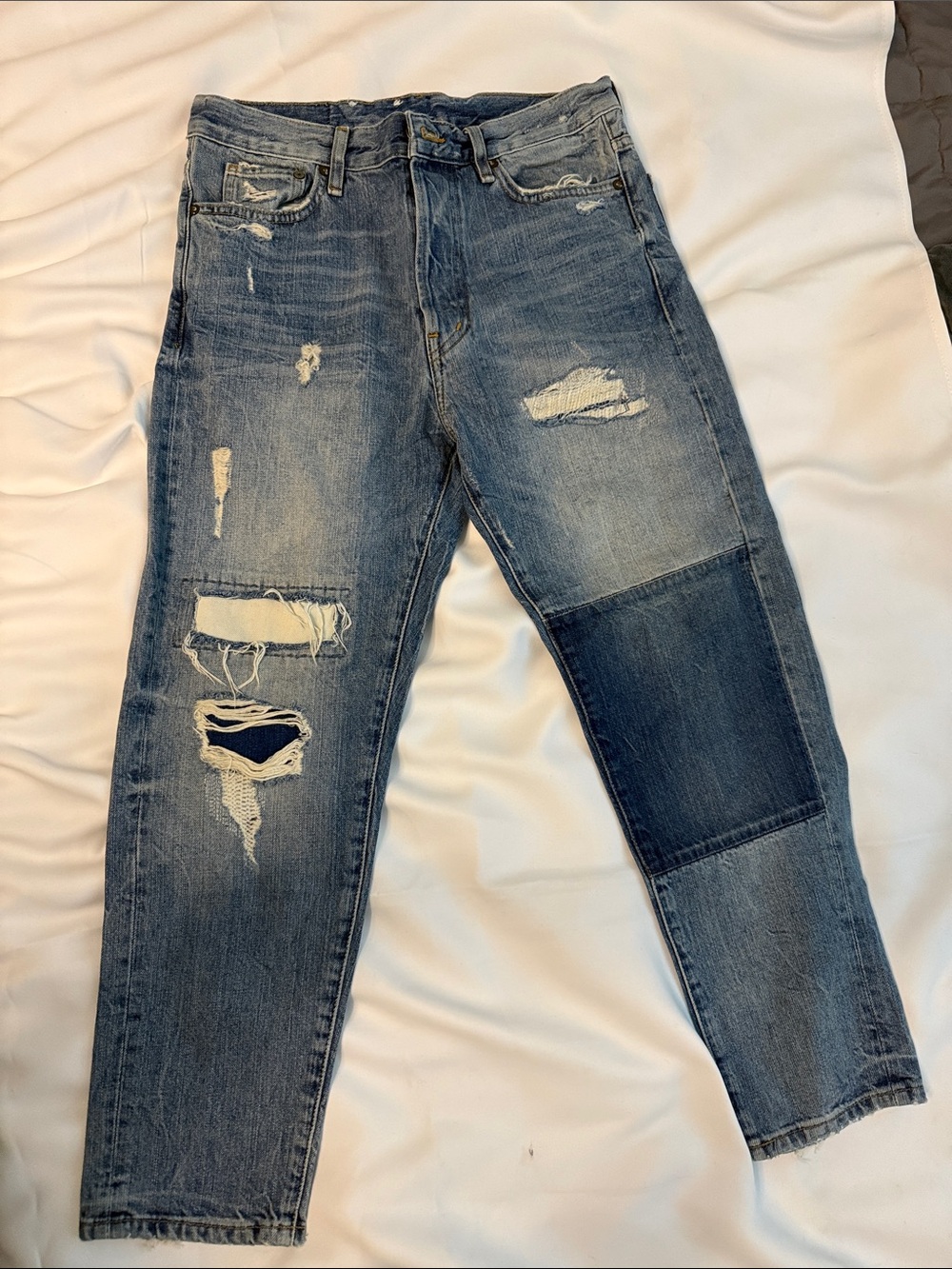 Men's Button-Fly Cropped Distressed Blue Patchwork Jeans